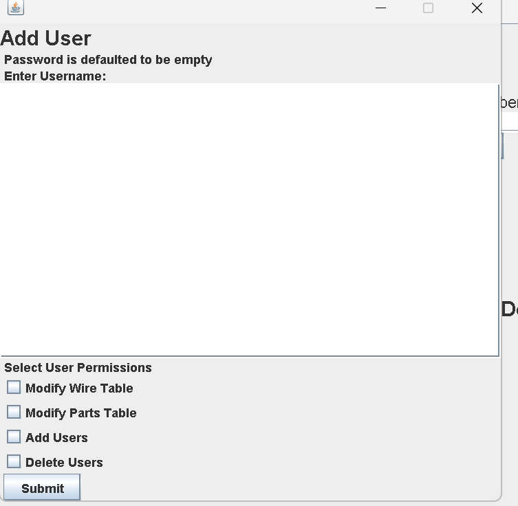 API DBMS User Creation Screen